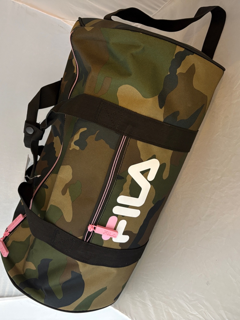 New FILA Olive Green Camo Sport Duffel with Pink Accents Women’s